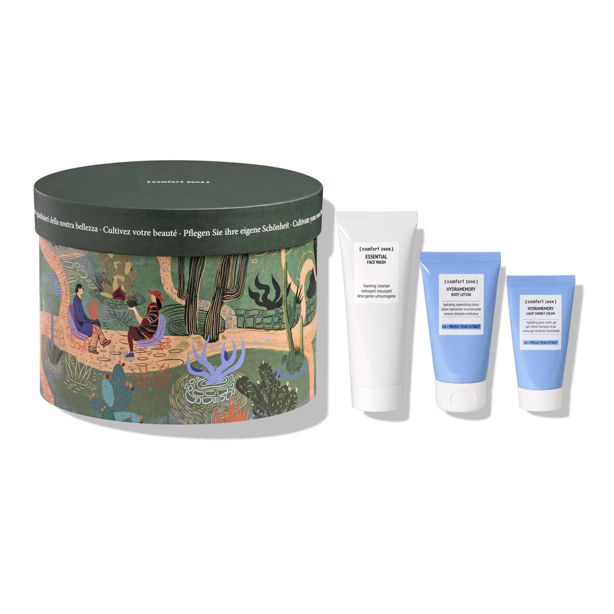 Comfort Zone Exotic Garden Kit, scatola verde con illustrazione botanica e tre prodotti corpo