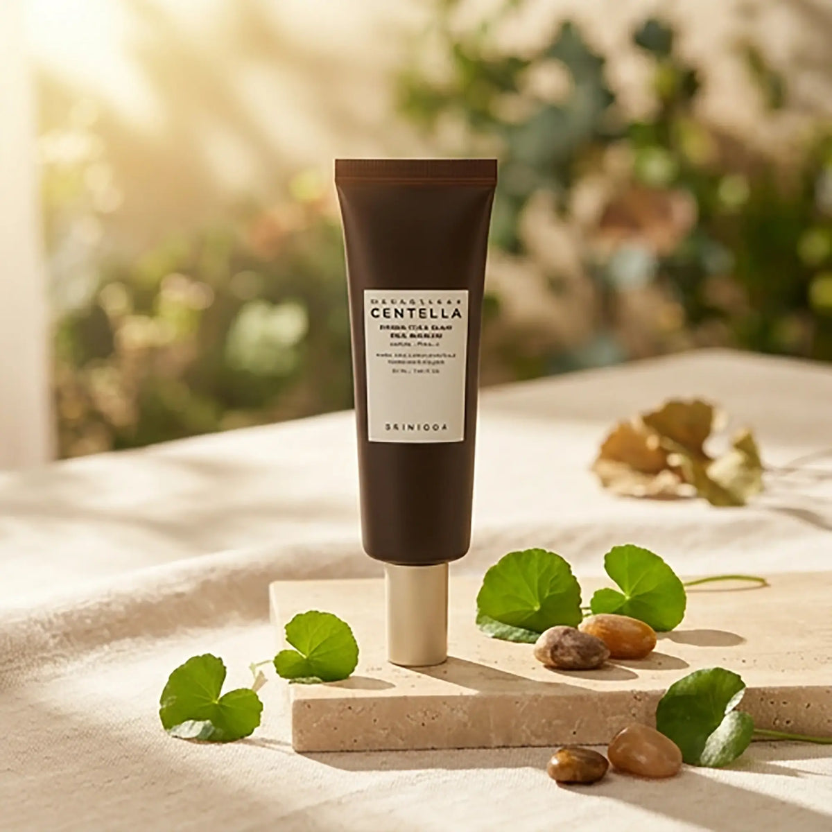 Skin1004 Madagascar Centella Probio-Cica Glow Sun Ampoule, flacone in ambientazione naturale