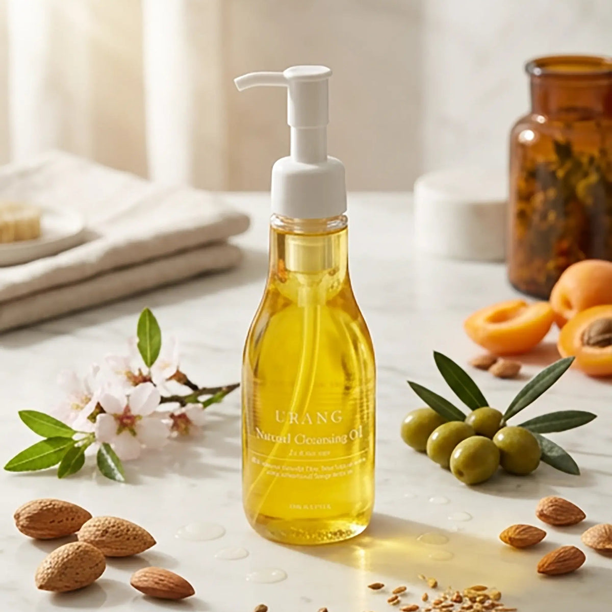 Urang Natural Cleansing Oil, flacone tra mandorle e olive