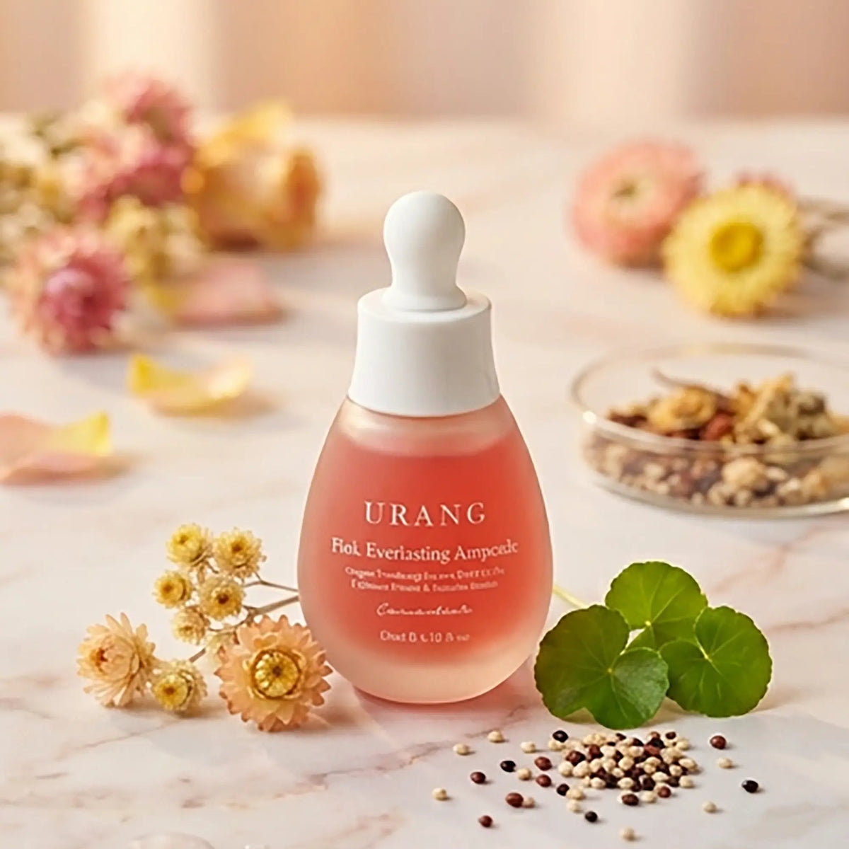 Urang Pink Everlasting Ampoule, flacone in ambientazione floreale