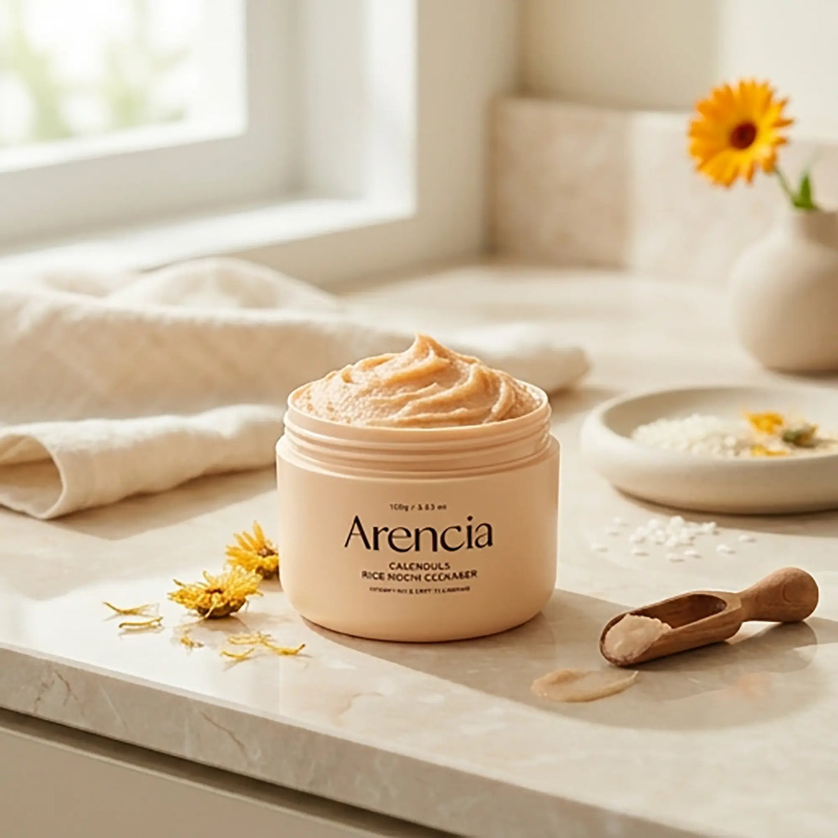 Arencia Calendula Rice Mochi Cleanser, vasetto in ambientazione naturale