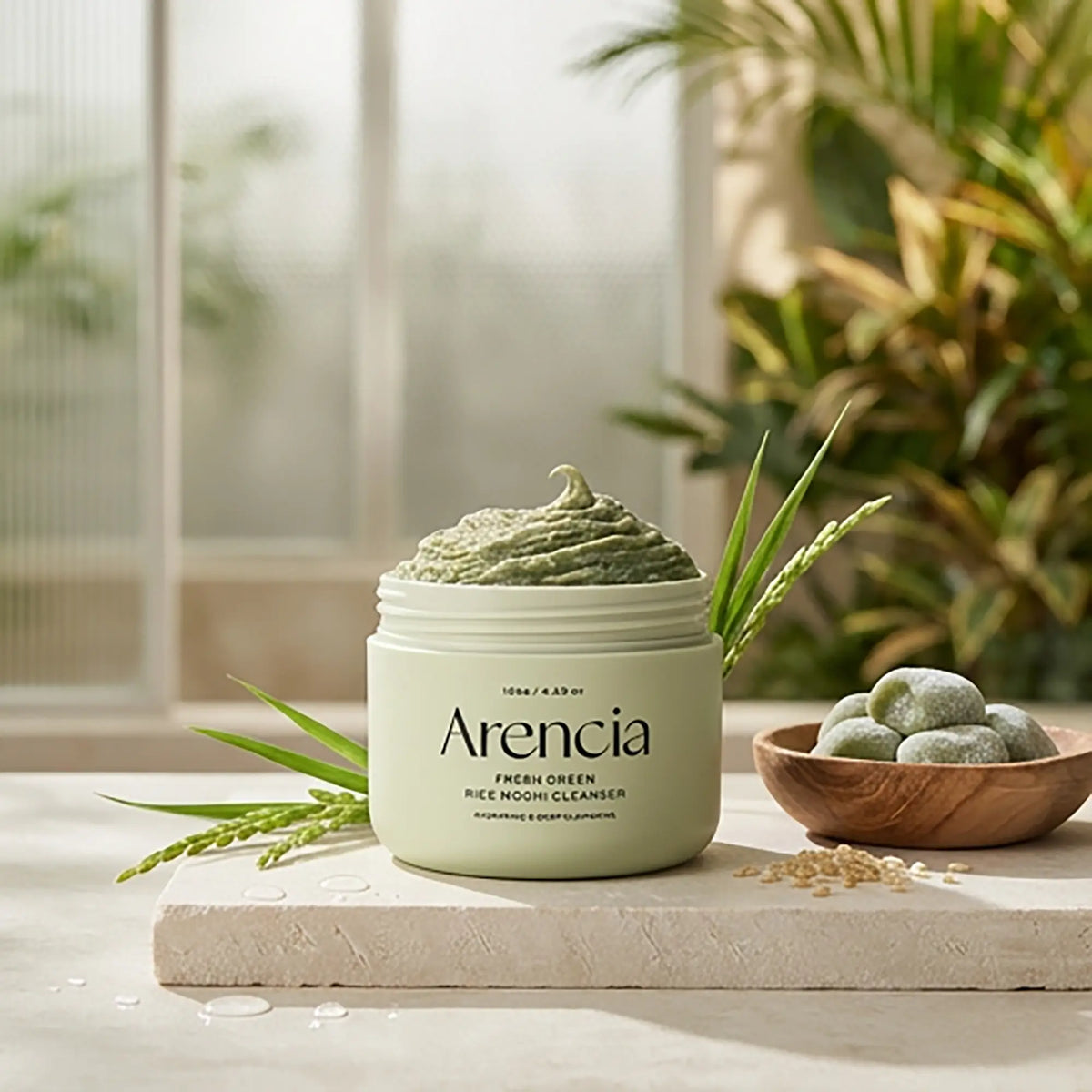 Arencia Fresh Green Rice Mochi Cleanser, vasetto in ambientazione naturale