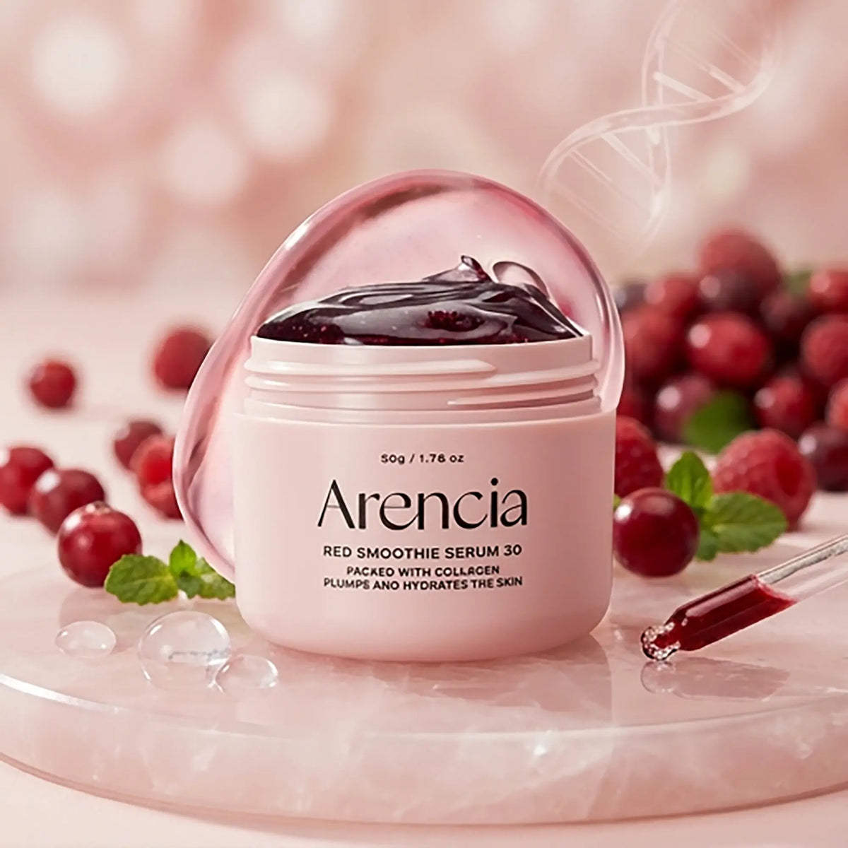 Arencia Red Smoothie Serum, flacone in ambientazione naturale