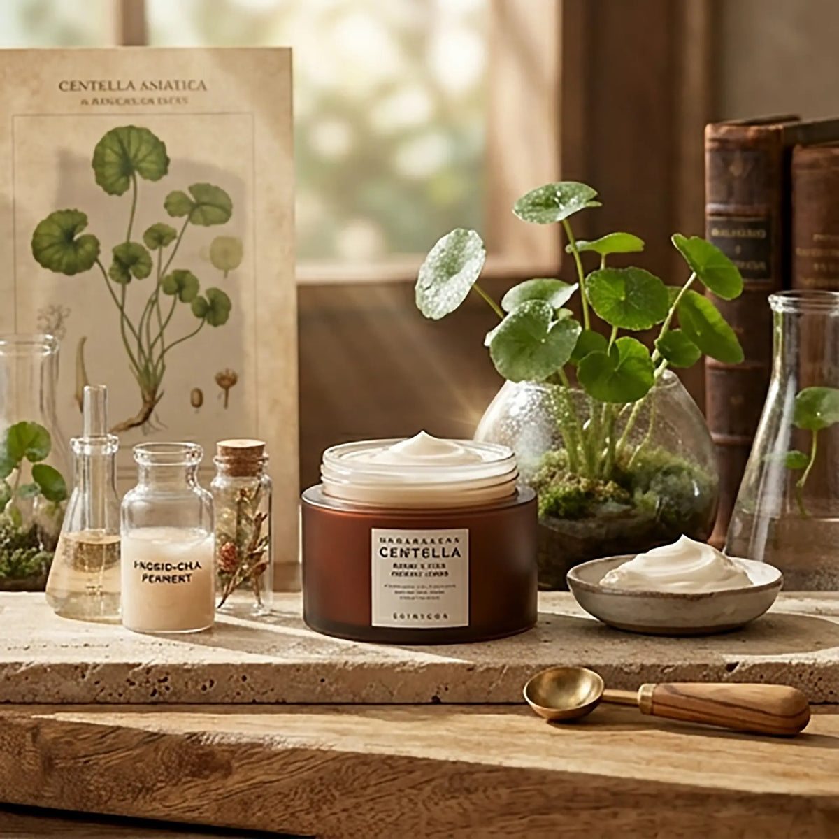 Skin1004 Madagascar Centella Probio-Cica Enrich Cream, vasetto in ambientazione naturale