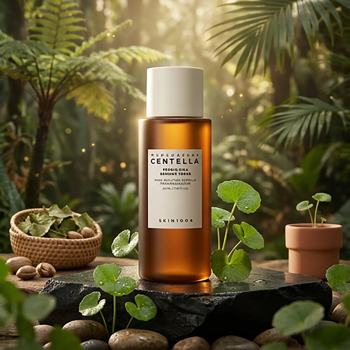 Skin1004 Madagascar Centella Probio-Cica Essense Toner, flacone in ambientazione naturale