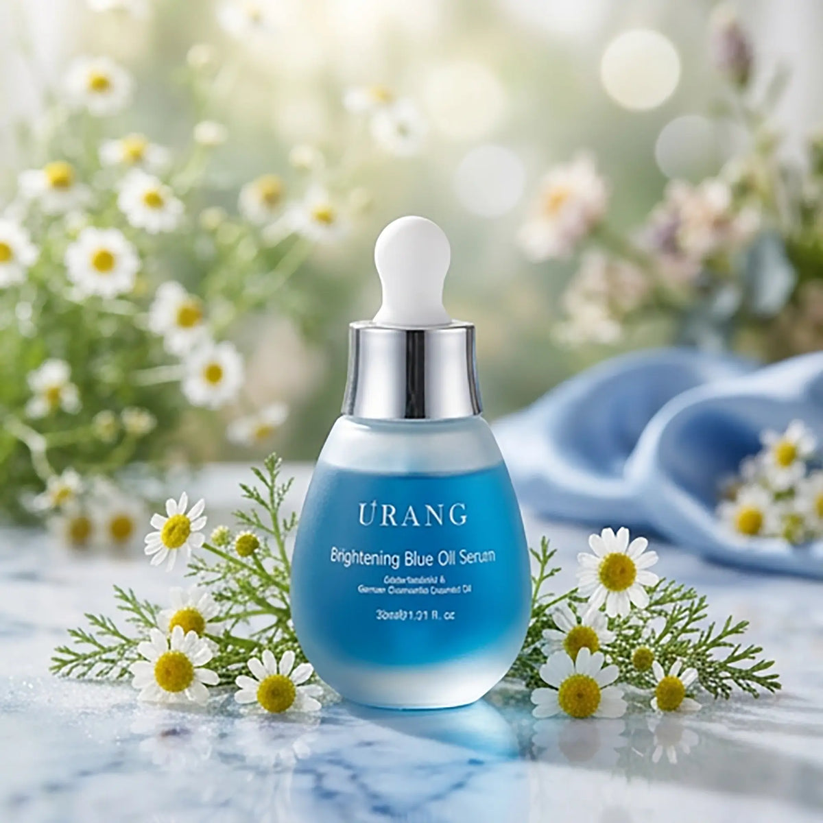 Urang Brightening Blue Oil Serum, flacone in ambientazione naturale