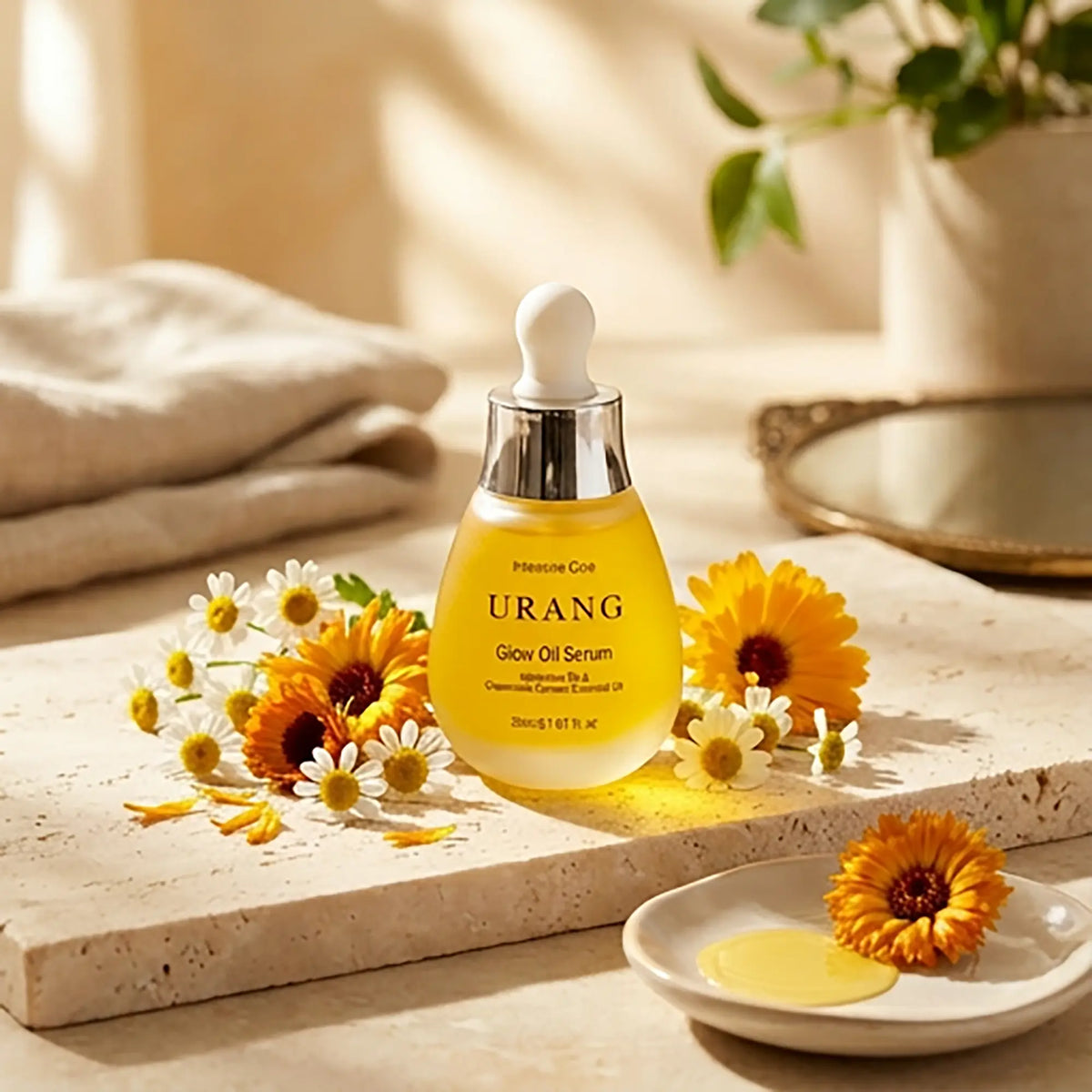 Urang Glow Oil Serum, flacone in ambientazione naturale
