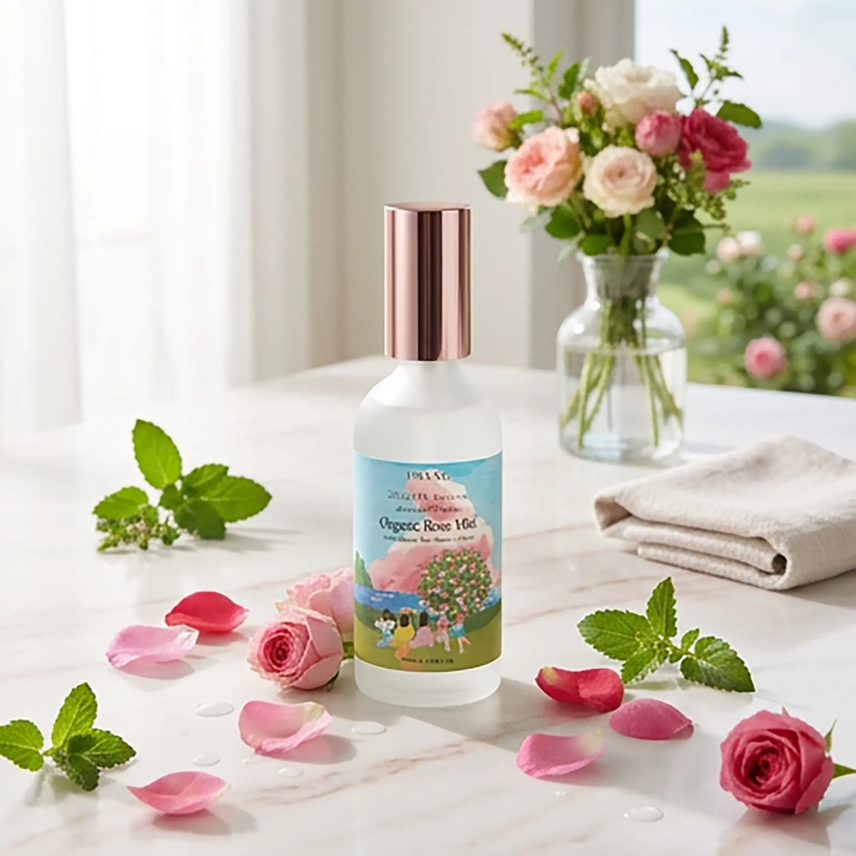 Urang Organic Rose Mist, flacone tra petali di rosa