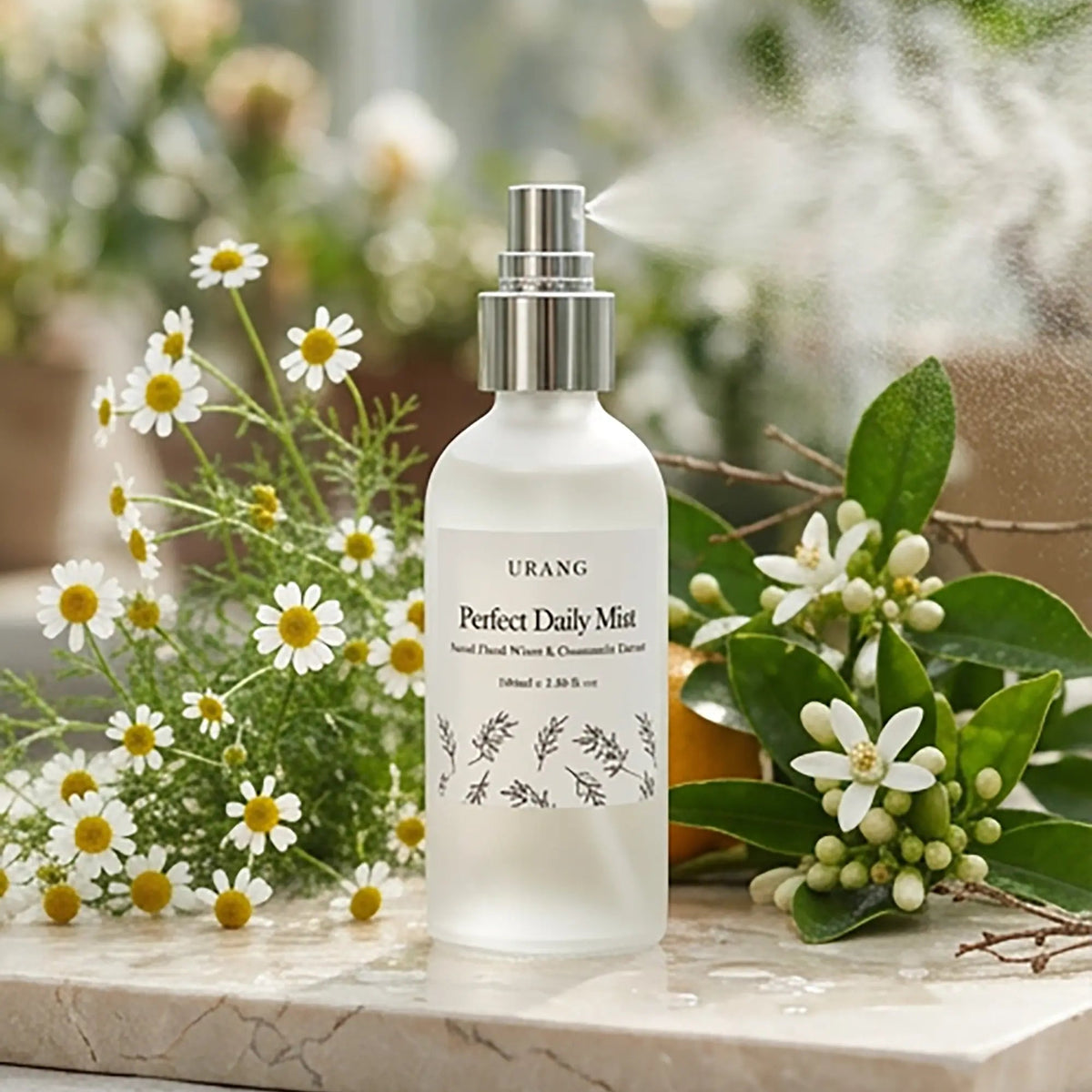 Urang Perfect Daily Mist, flacone spray in ambientazione naturale
