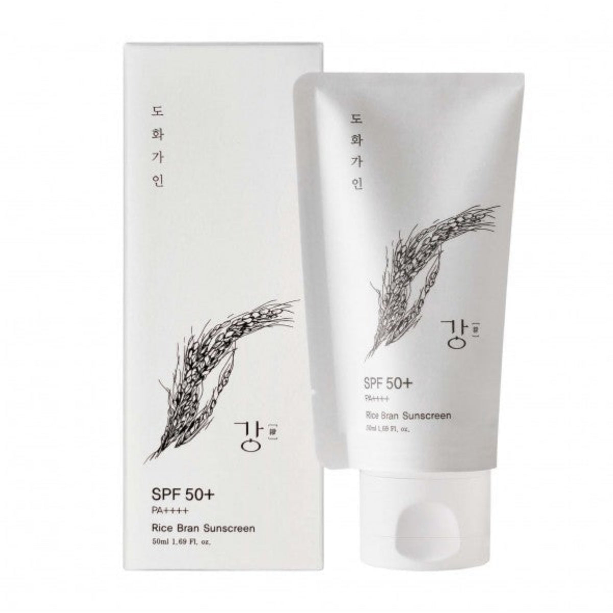 House of Dohwa Rice Bran Sunscreen SPF50, tubo affiancato alla confezione