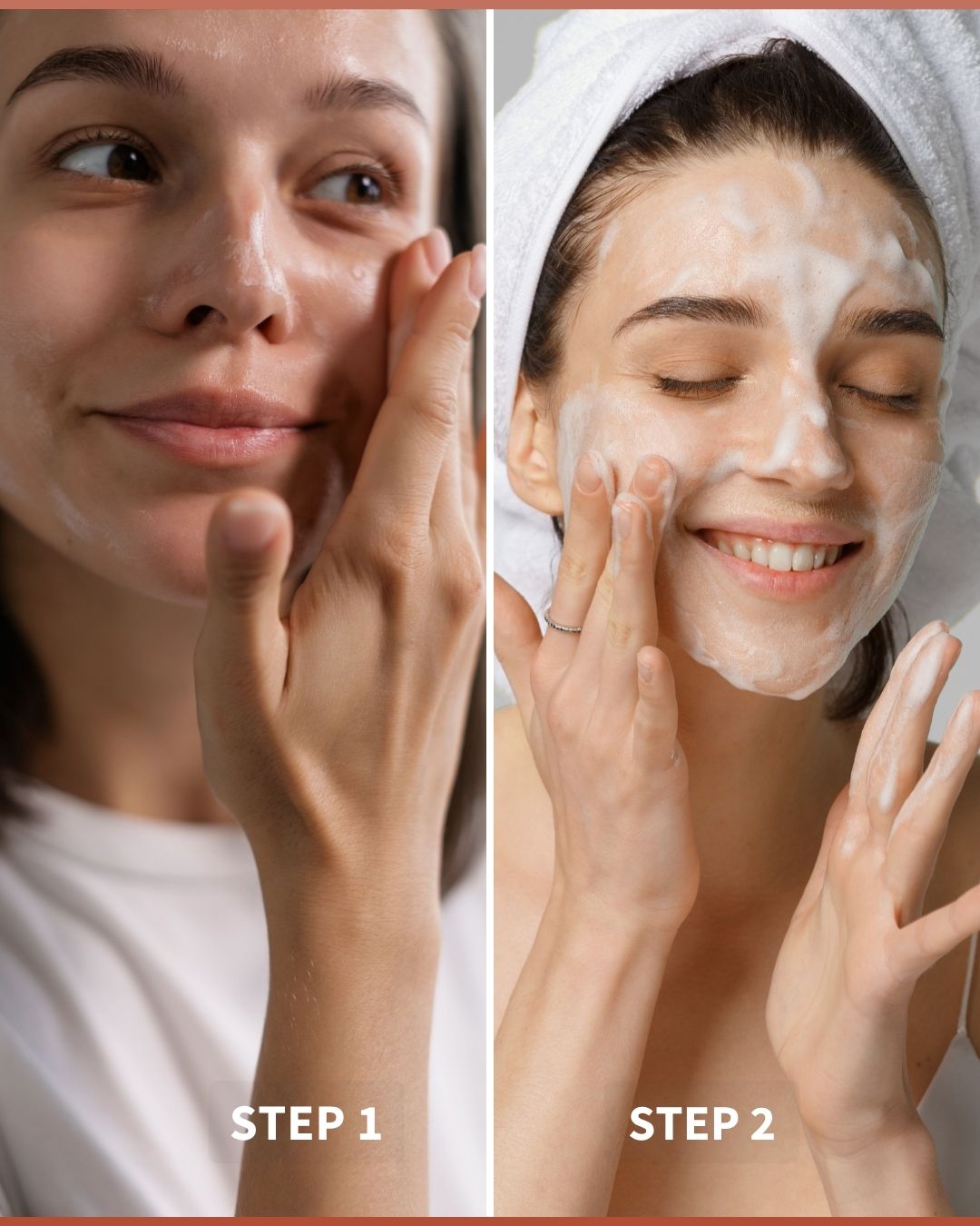 Due donne si detergono il viso, con olio e con detergente in schiuma