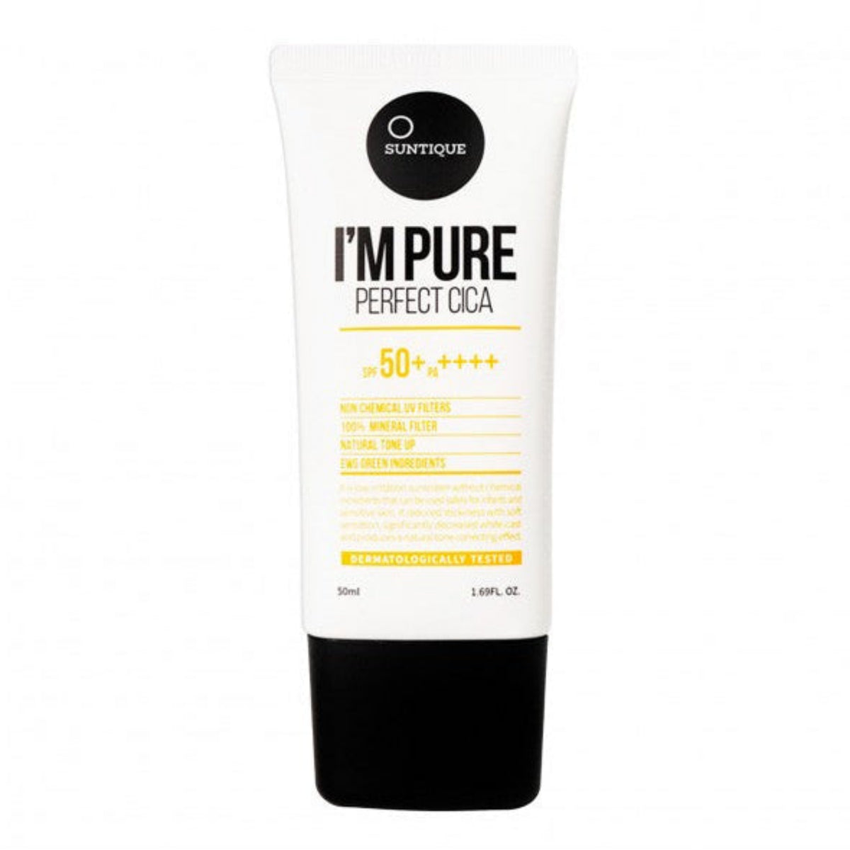 Suntique I'm Pure Perfect Cica SPF50 50 ml, tubo solare vista frontale