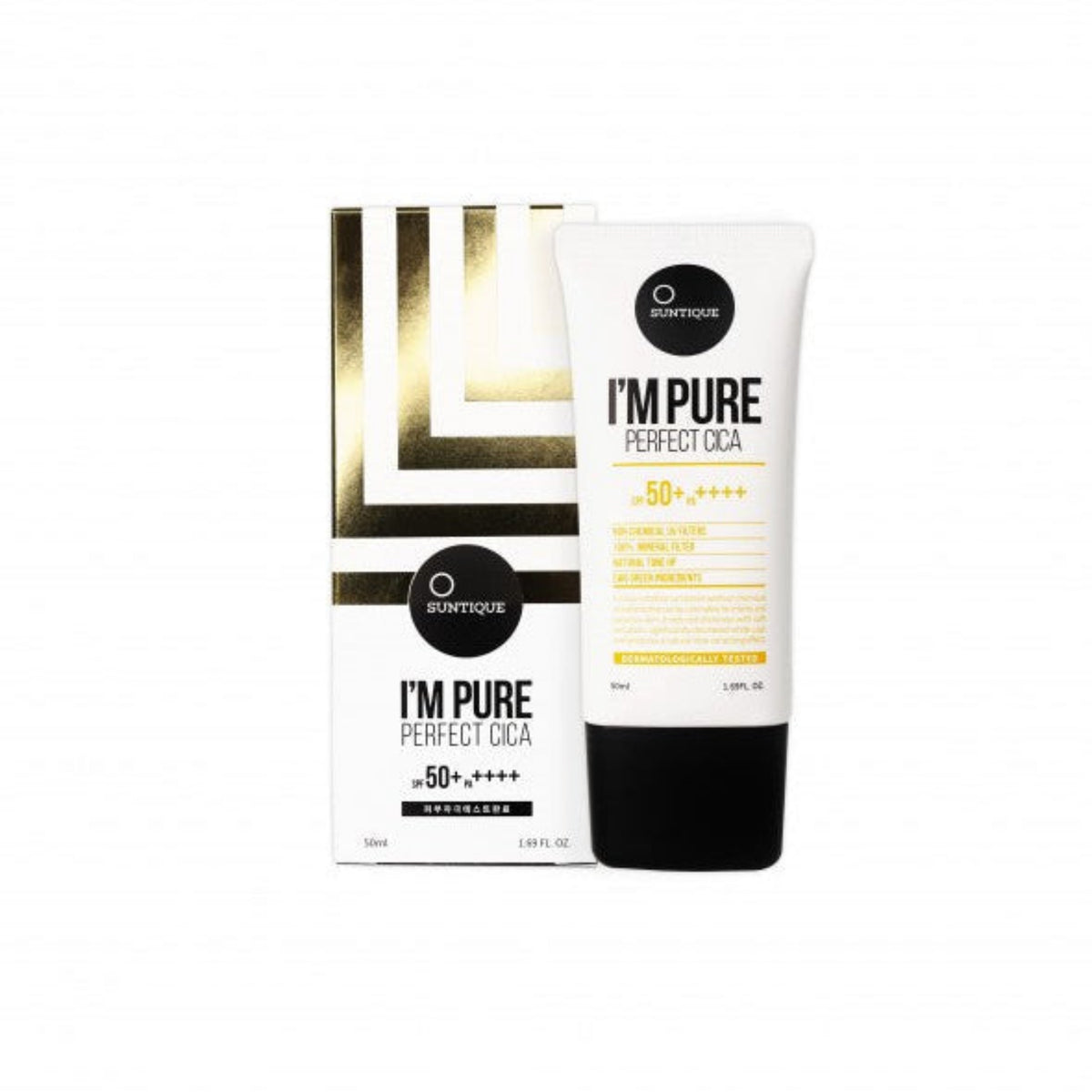 Suntique I'm Pure Perfect Cica SPF50, tubo affiancato alla confezione dorata